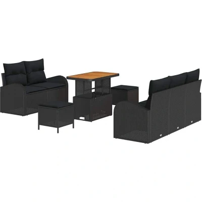 Image of vidaXL 8 Piece Garden Sofa Set with Cushions Black Poly Rattan Acacia