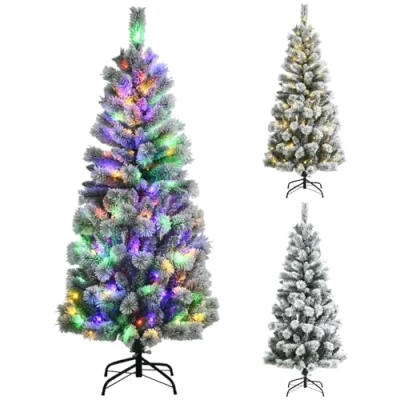 Image of GYMAX 5FT/6FT Pre lit Snow Flocked Christmas Tree, Hinged Artificial Xmas Tree with 140/200 Multi Color LED Lights, Branch Tips and Metal Stand, Full for Home, Office &amp; Store (155cm)