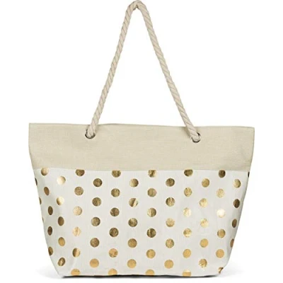 Image of styleBREAKER Ladies XXL Large beach bag with metallic dot pattern and zipper, shoulder bag, shopper 02012342, Colour:Beige Gold