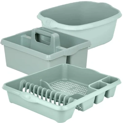 Image of KetoPlastics Sage Green Kitchen Set 3 Piece 14L Rectangular Washing Up Bowl, Sink Organiser Tidy Caddy and Large Dish Drainer For Made in UK