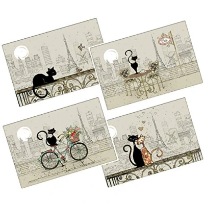 Image of KIUB Set of 4 Assorted Place Mats Paris Eiffel Tower with Cats Design