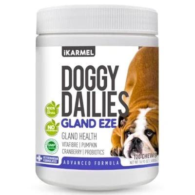Image of iKARMEL Doggy Dailies Advanced Anal Gland Support Chews for Dogs No Scoot Pet Supplements Fibre Supplement With Pumpkin Powder Dog Digestion Tablets Formulated by Vets 120