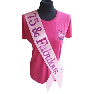 Image of Gemini Ribbons Pink 75 and Fabulous Sash 75th Birthday Holographic Party Womens Mens Gift