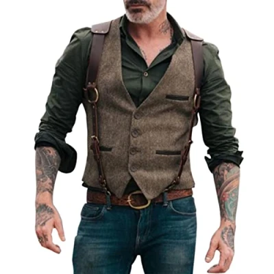 Image of Mens Vintage Wool Blend Herringbone Tweed Leather Suit Vests Western Cowboy Slim Fit Grooms Dress Vest Waistcoats(Brown,Medium)