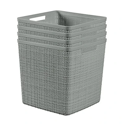 Image of Curver Jute Decorative Plastic Organization and Storage Basket Perfect Bins for Home Office, Closet Shelves, Kitchen Pantry All Bedroom Essentials, Large Cube, Grey, Set of 4
