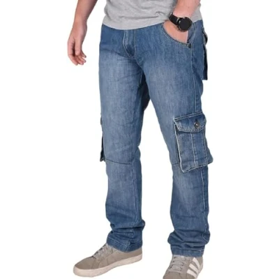 Image of True Face Men&#039;s Cargo Combat Jeans Regular Fit Denim Work Trousers, Multi Pocket Design, Zip Fly Pants, Casual for Men UK Dark Wash 40W / 34L