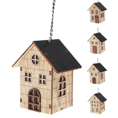 Image of LED Christmas House Bauble Light up Wooden Hanging Decoration Tree Ornament 10cm Design Varies One Supplied