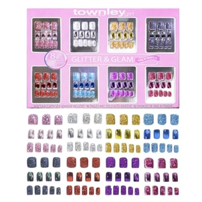 Image of Townley Girl 96 Pcs Stick On Nails Set Glitter Glamup &amp; Metallic Press Nail Sets for Girls Self Adhesive Artificial