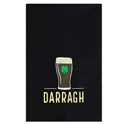 Image of TeddyTs Lucky Tea Towel with Personalised name and Pint of Beer design, Black &amp; Gold, 70CM x 50CM (Approx)