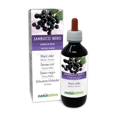 Image of Black Elder (Sambucus nigra) Flowers (elderflower) and Fruits (Elderberry) Alcohol Free Mother Tincture Naturalma Liquid Extract Drops 200 ml Food Supplement Vegan