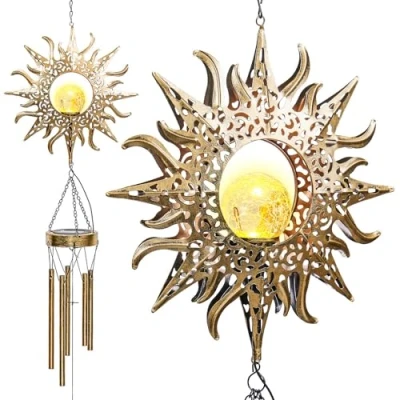 Image of Taylor &amp; Brown Wind Chimes Solar lights Powered LED Moon Sun Night outdoor Garden Waterproof Metal Windbell Chime Light Lamp for Patio Deck Lawns Yard (Sun)