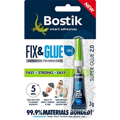 Image of Bostik Fix &amp; Glue Gel, Ultra Strong, Fast Setting Super Glue, Bonds 99.9% of Materials, Solvent Free, 3g Tube