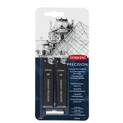 Image of Derwent 0.5 mm Precision Mechanical Pencil Refill Set, HB/2B Leads and Erasers, Professional Quality, 2302430