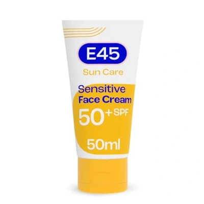 Image of E45 SPF50+ Sensitive Sun Cream For Face with Hyaluronic Acid UVA and UVB Protection Fragrance Free Dermatologically Tested Sunscreen Suitable Dry, Eczema Prone Skin (50ml)