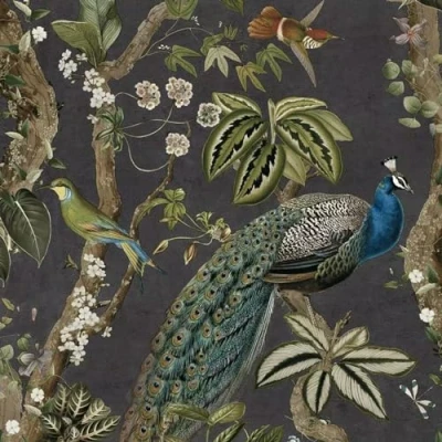 Image of Holden Decor Peacock Woods Charcoal Wallpaper 13681