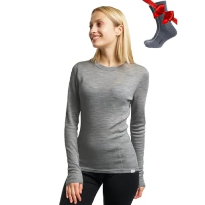 Image of Merino.tech Merino Wool Base Layer Women 100% Midweight Long Sleeve Thermal Shirts + Socks (Large, Gray Heather 250)