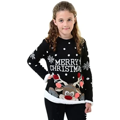 Image of Loxdonz Girls Boys Knitted Merry Christmas Xmas Snowflake Kids Reindeer Pom Jumper Sweater Top (5 6 Years, Black)