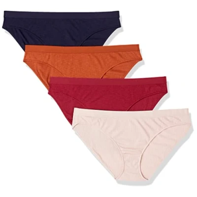 Image of Amazon Essentials Women&#039;s Ribbed Bikini Underwear, Pack of 4, Navy/Red/Brown, 12