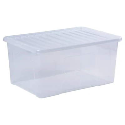 Image of Wham Crystal 90 Liter Storage, Home Office Stackable Nestable, Heavy Duty Plastic Large Storage Box With Lids 70 x 47 33 cm solution organizer Tint Clear (Pack of 4)