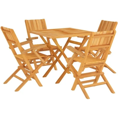 Image of vidaXL 5 Piece Garden Dining Set in Solid Teak Wood Foldable Chairs and Round Table with Parasol Hole Comfortable Classic Outdoor Furniture for Patio or Deck