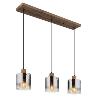 Image of Underwood Bar Pendant Ceiling Light Wood Look Dark Smoke Glass Shade 3x E27