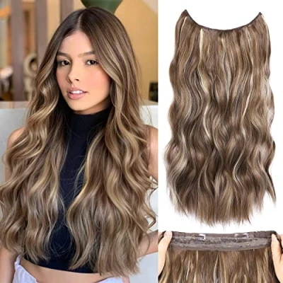 Image of Halos Hair Extension with Transparent Wire, Invisible Wire Extensions 5 Adjustable Sizes, 20 Inch Synthetic Wavy Pieces for Women (Color: Deep Almond Brown Wheat Germ Blonde)