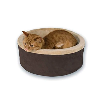 Image of K&amp;H Pet Products Heated Thermo Kitty Cat Bed, Bed for Indoor Cats and Small Dogs, Electric Thermal Plush Warming Calming Heating 40.64cm, Round, Mocha