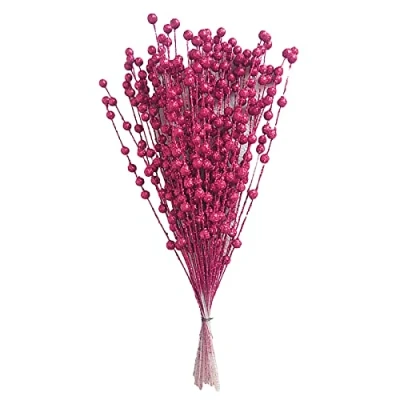 Image of Mokyler Christmas Glitter Berries Stems, 100 PCS Artificial Berry Stems Picks Beaded Sticks for Holiday Party Wedding Home Decoration, Rose Red