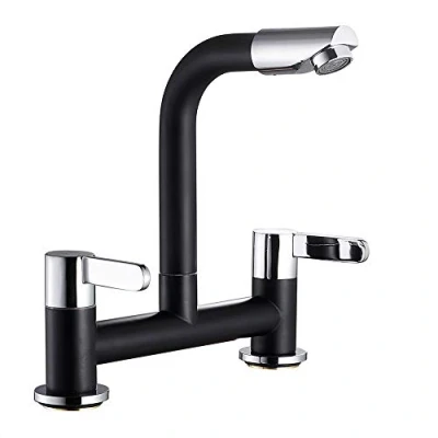 Image of Ghopy Dual Lever Kitchen taps Mixers 2 Hole Deck Mounted Cold and Hot Mixer Tap Modern 360 Swivel Spout Brass Basin Black Faucet with UK Standard Fittings (Black)