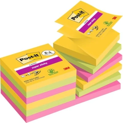 Image of Post it Super Sticky Z Notes Carnival Color Collection,Value Pack, Pack of 8 + 4 Free Pads, 90 Sheets per Pad, 76 mm x mm, Yellow, Green, Pink Extra For Note Taking &amp; To Do Lists