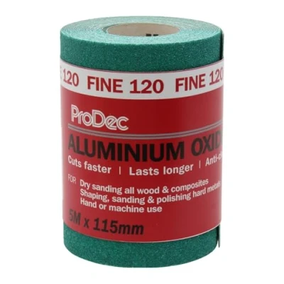 Image of ProDec 5m Roll 120 Grit Fine Grade Green Aluminium Oxide Abrasive Sanding Paper for Wood, Paint, Plaster, Filler, Metal and More, 115mm Wide Sandpaper Compatible with Machine Sanders