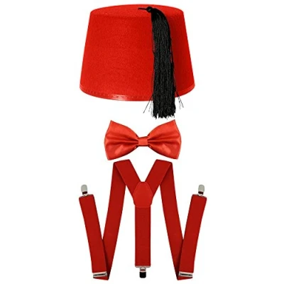 Image of RED FEZ + BOWTIE BRACES FANCY DRESS ACCESSORY SET SPACE TIME DOCTOR TRAVELLER COSPLAY OUTFIT BOW TIE