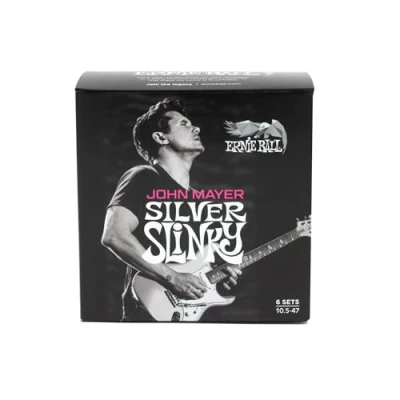 Image of Ernie Ball John Mayer Silver Slinky Nickel Wound Electric Guitar Strings 6 Pack 10.5 47 Gauge