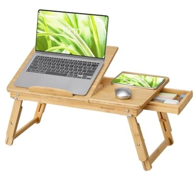 Image of SONGMICS Bamboo Lap Desk, Laptop Table, Breakfast Tray with 5 Adjustable Tilting Angles, Small Drawer, Natural LLD01N