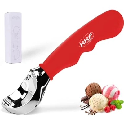 Image of KXF Stainless Steel Ice Cream Scoop with Non Slip Rubber Grip Heavy Duty Spoon Sturdy Icecream Scooper Cookie Fruit for Dough, Mash Potatoes, Melon Balls, Dishwasher Safe(Red)