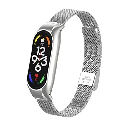 Image of T BLUER Compatible for Xiaomi Mi Band 7 Strap,Stainless Steel Metal Replacement Bracelet Wristband Accessories Smart Bracelet, FG1 Silver