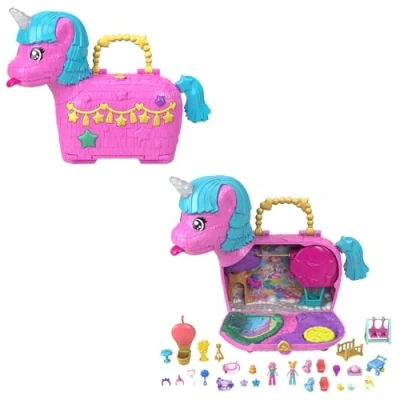 Image of Polly Pocket Dolls &amp; Playset with Pets 25+ Surprise Accessories, Birthday Celebration Unicorn Partyland Playset, Hot Air Balloon Ride, HYD96