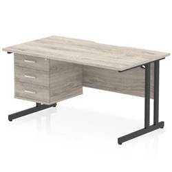 Image of Impulse 1400 x 800mm Scalloped Edge Office Desk Grey Oak Top Black Cantilever Leg Workstation 1 3 Drawer Fixed Pedestal