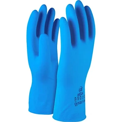 Image of 10 x UCi Vega™ 30cm Latex Gauntlet Lightweight Durable Embossed Powergrip™ Rubber Gloves Yellow or Blue (10 / XL, Blue)