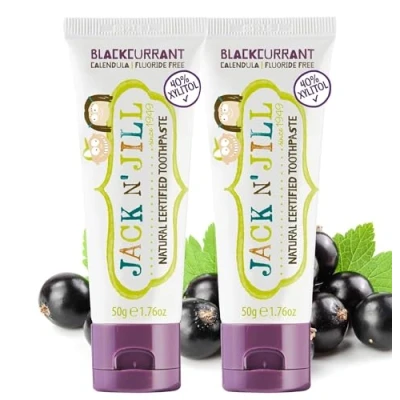 Image of Jack N&#039; Jill Natural Certified Toothpaste Baby &amp; Toddler Toothpaste, Fluoride Free, 40% Xylitol, Sugar Safe for 6 Months and Up, Makes Tooth Brushing Fun, Organic Blackcurrant Flavour, 2 x 50g