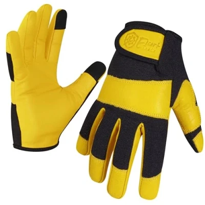 Image of Escort Tools® Heavy Duty Leather Gardening Work Gloves, Thorn Proof, Touch Screen, Utility Safety Working Gloves Breathable, Tear Resistant, High Dexterity Mechanic Unisex (Yellow, XS)