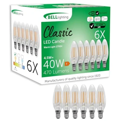 Image of Bell Lighting E14 Small Edison Screw Cap Filament Dimmable Light Bulb LED Candle 6 Pack Warm White 2700K 470 Lumen 4.5W Energy Saving 40W Halogen Lamp Equivalent