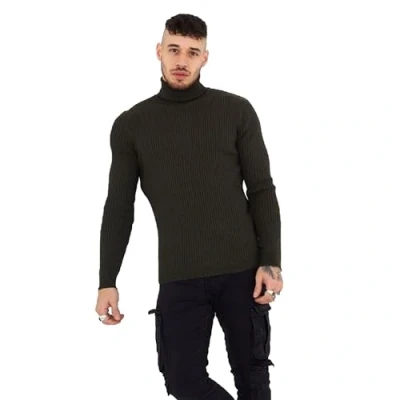 Image of BRAVE SOUL Mens High Neck Casual Jumpers from 100% Cotton Pull On Long Sleeves Sweaters, Khaki Colour, UK Size M