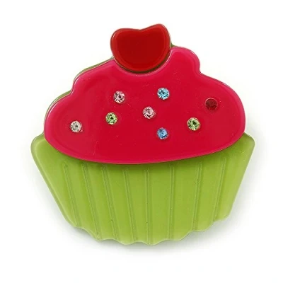 Image of Avalaya Magenta/Lime Green Austrian Crystal Acrylic &#039;Cupcake&#039; Pin Brooch 40mm Across