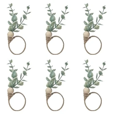 Image of Geieold Napkin Rings Set Of 6 Rustic Eucalyptus Wooden Boho Leaf Wood Bead Farmhouse Ring Holder