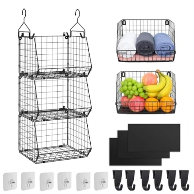Image of 3 Tier Fruit Baskets for Kitchens Metal Hanging Storage Organiser Wardrobe Clothes Shelves Shelf Vegetable Rack Kitchen Basket Wall Mounted Wire and