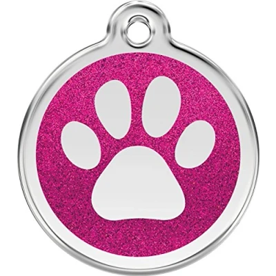 Image of Red Dingo Glitter Paw Print Dog ID Tag (Hot Pink, Large)