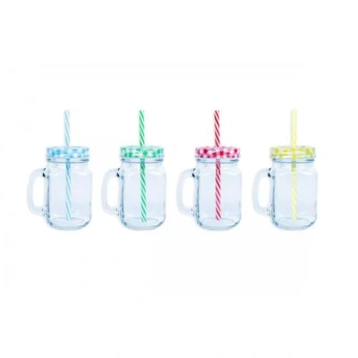Image of 4 Mason Drinking Glass Jars Embossed Design Red, Blue, Green, Yellow Summer Party Cocktail BBQ Lid Reusable Straws