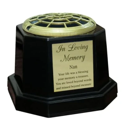 Image of Black Graveside Memorial Flower Vase with Gold In Loving Memory Plaque (Nan)
