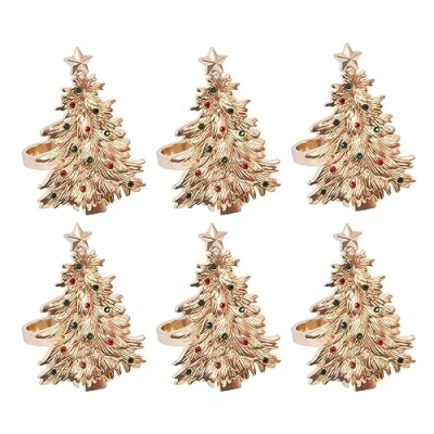 Image of YöL Set Of 6 Deluxe Gem Christmas Tree Napkin Rings Xmas Dinner Table Decoration Ring Buckle Festive Setting Serviette Holder